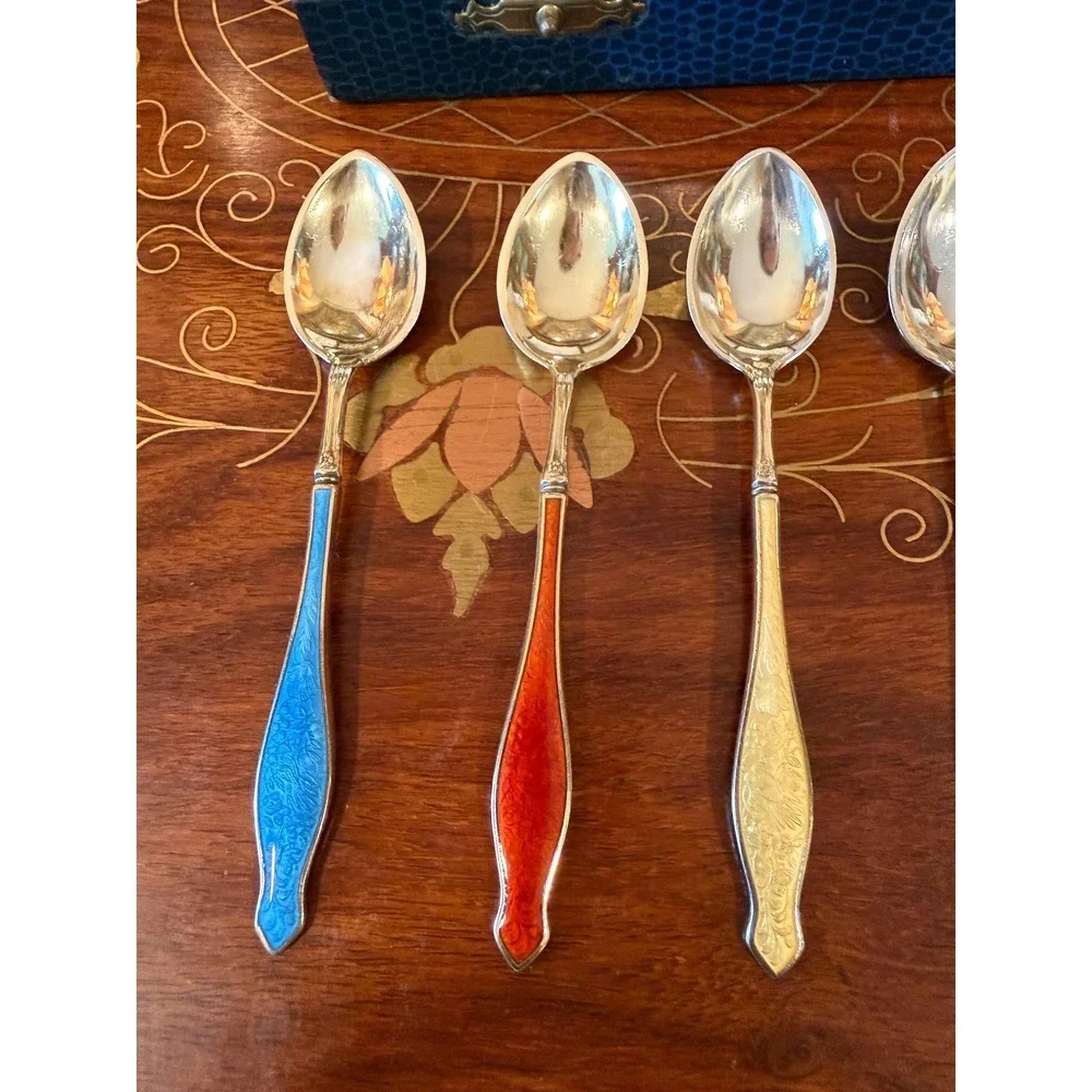 Vintage‎ Norwegian Sterling Silver Enamel Demitasse Spoon Set with Box